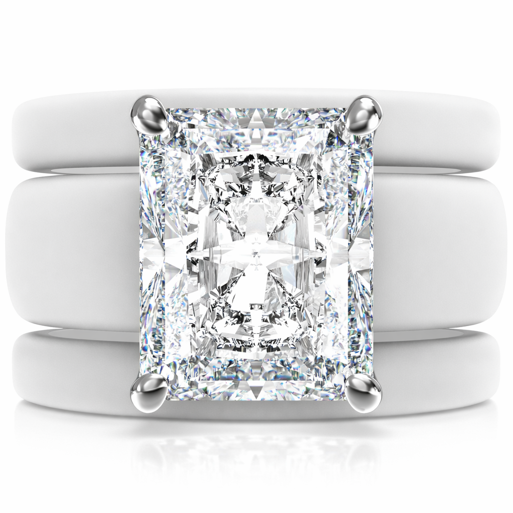 Emerald Cut CZ Silicone Ring Set for Women, 2 Thin Stackable Rings, 10x8 mm CZ Stone, Patented Design, GlowStone Collection