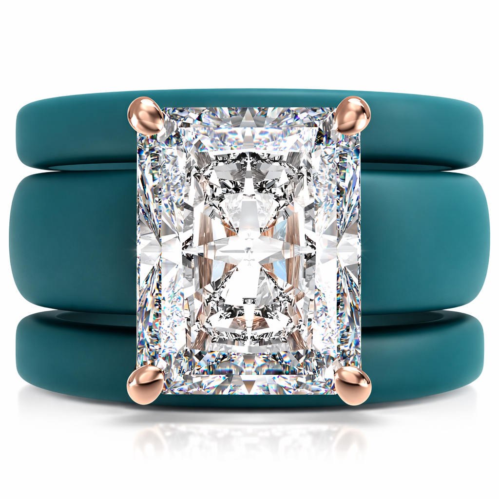 Emerald Cut CZ Silicone Ring Set for Women, 2 Thin Stackable Rings, 10x8 mm CZ Stone, Patented Design, GlowStone Collection