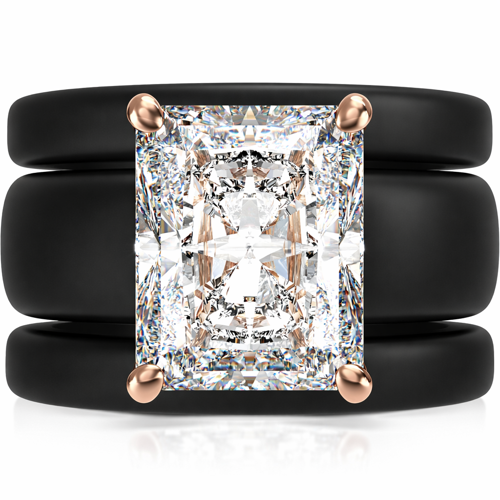 Emerald Cut CZ Silicone Ring Set for Women, 2 Thin Stackable Rings, 10x8 mm CZ Stone, Patented Design, GlowStone Collection