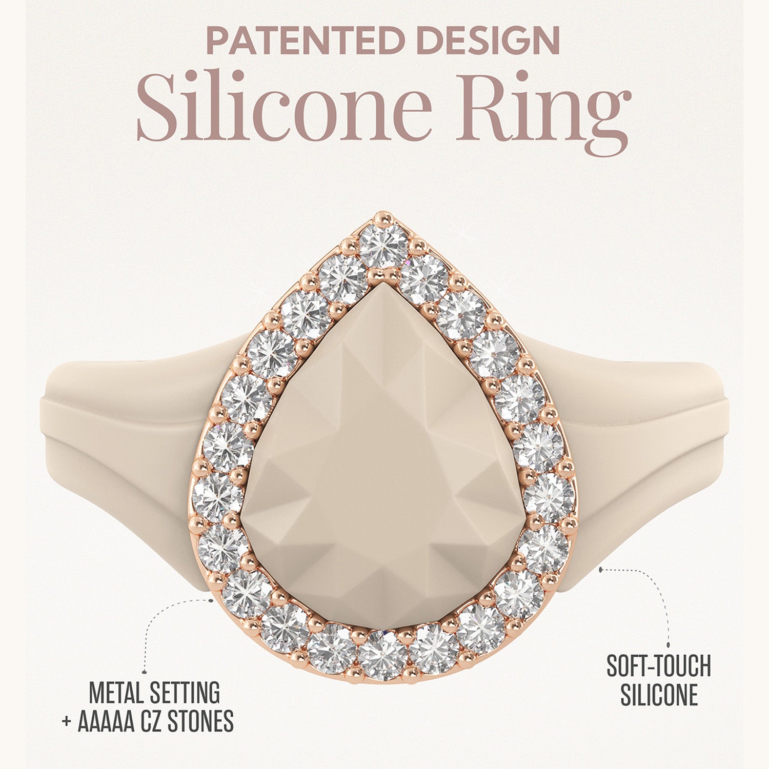Pear Silicone Ring with Metal Frame & CZ Stones