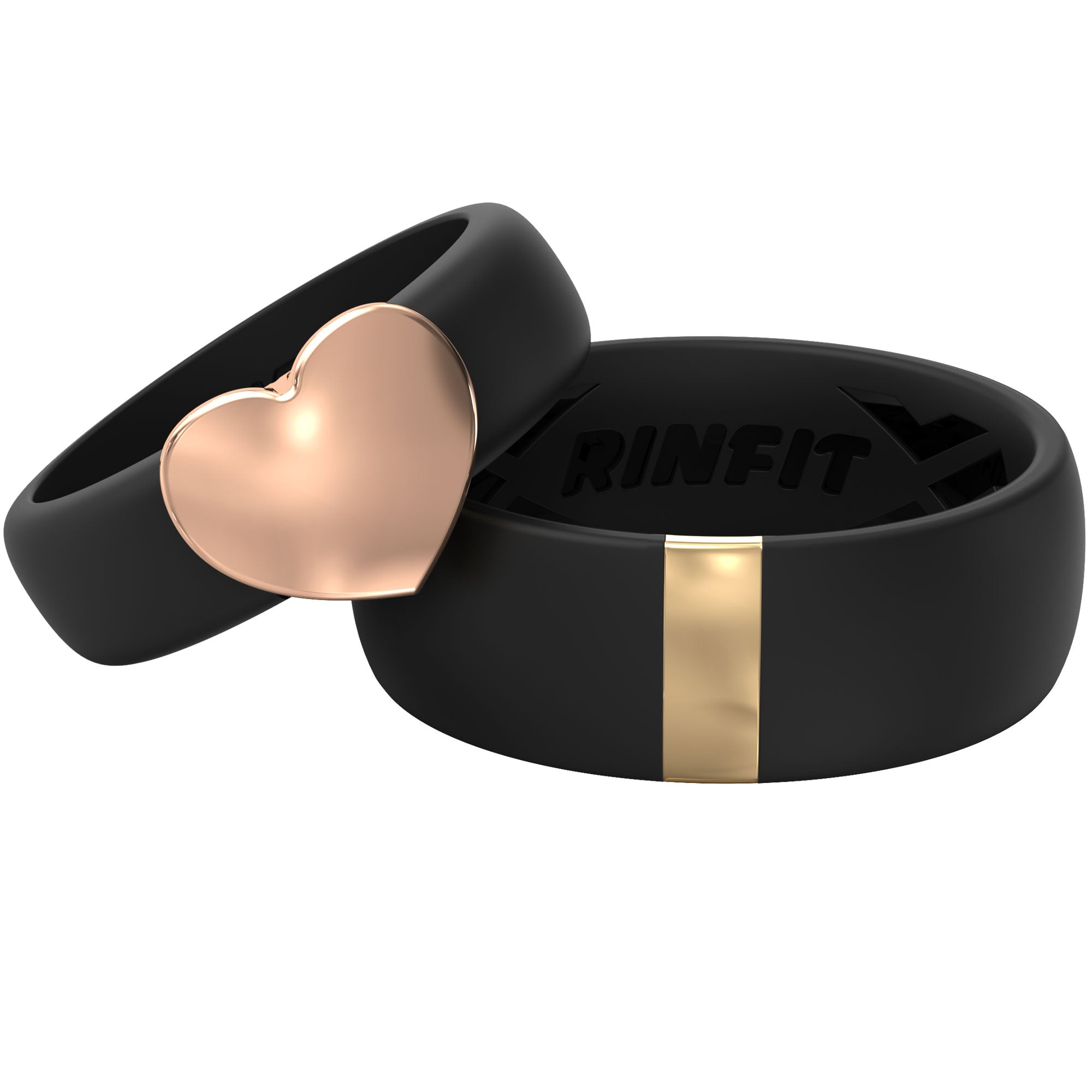 Silicone Wedding Ring Sets for Couple - MetalBar & Metal Heart Collection. (Black - Gold / Rose gold)