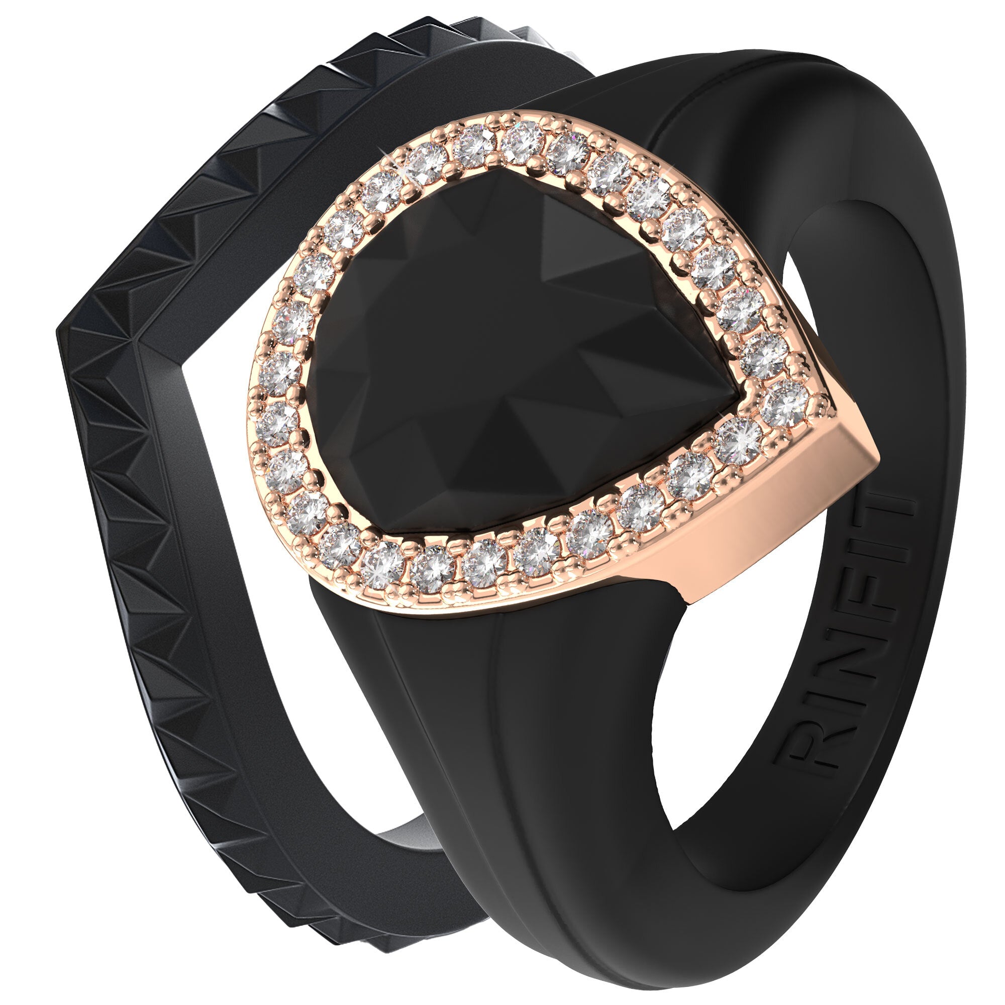 Pear Silicone Ring with Metal Frame and Stones - 2 Rings Set