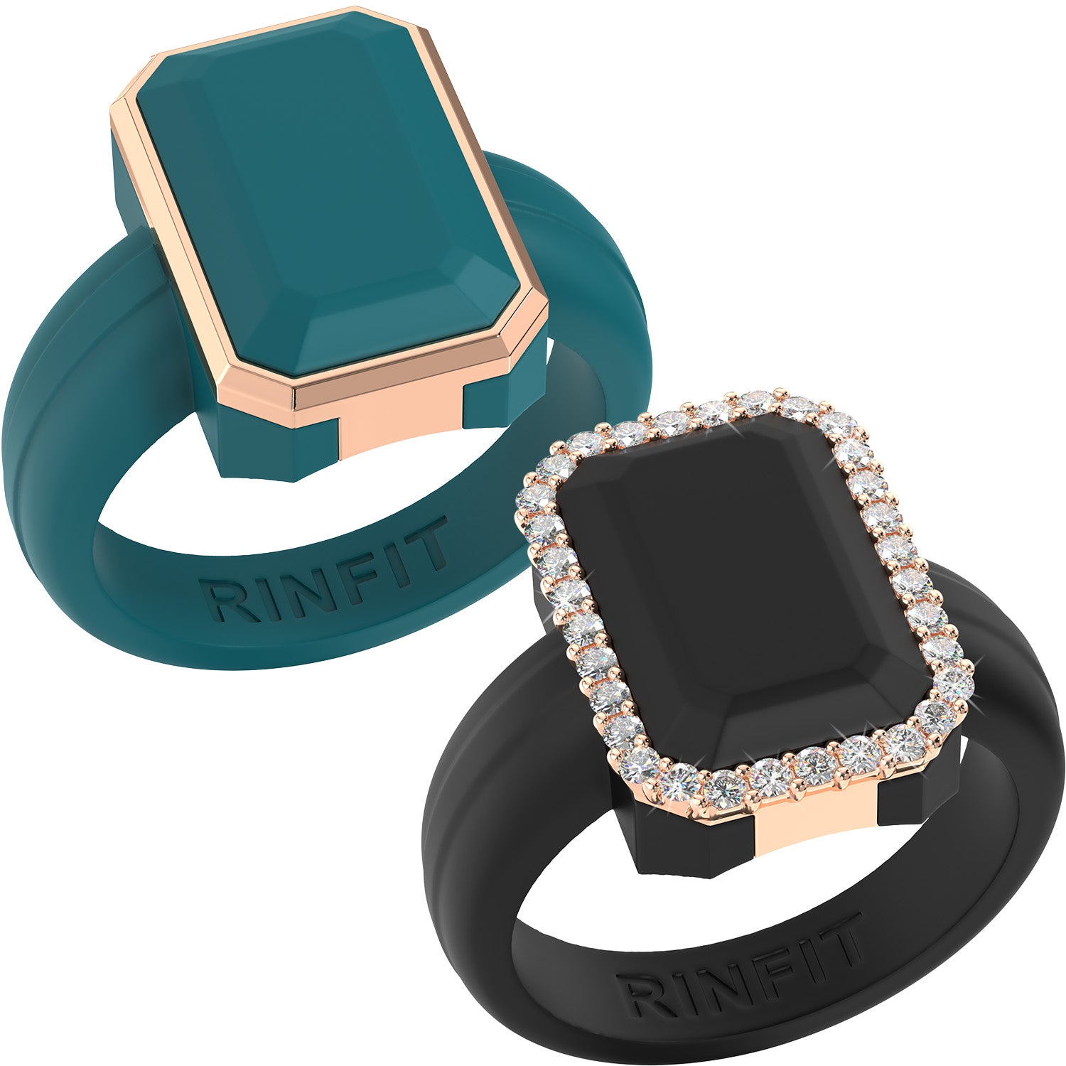 Emerald Silicone Rings with Metal Frame & CZ Stones - 2 Rings Set