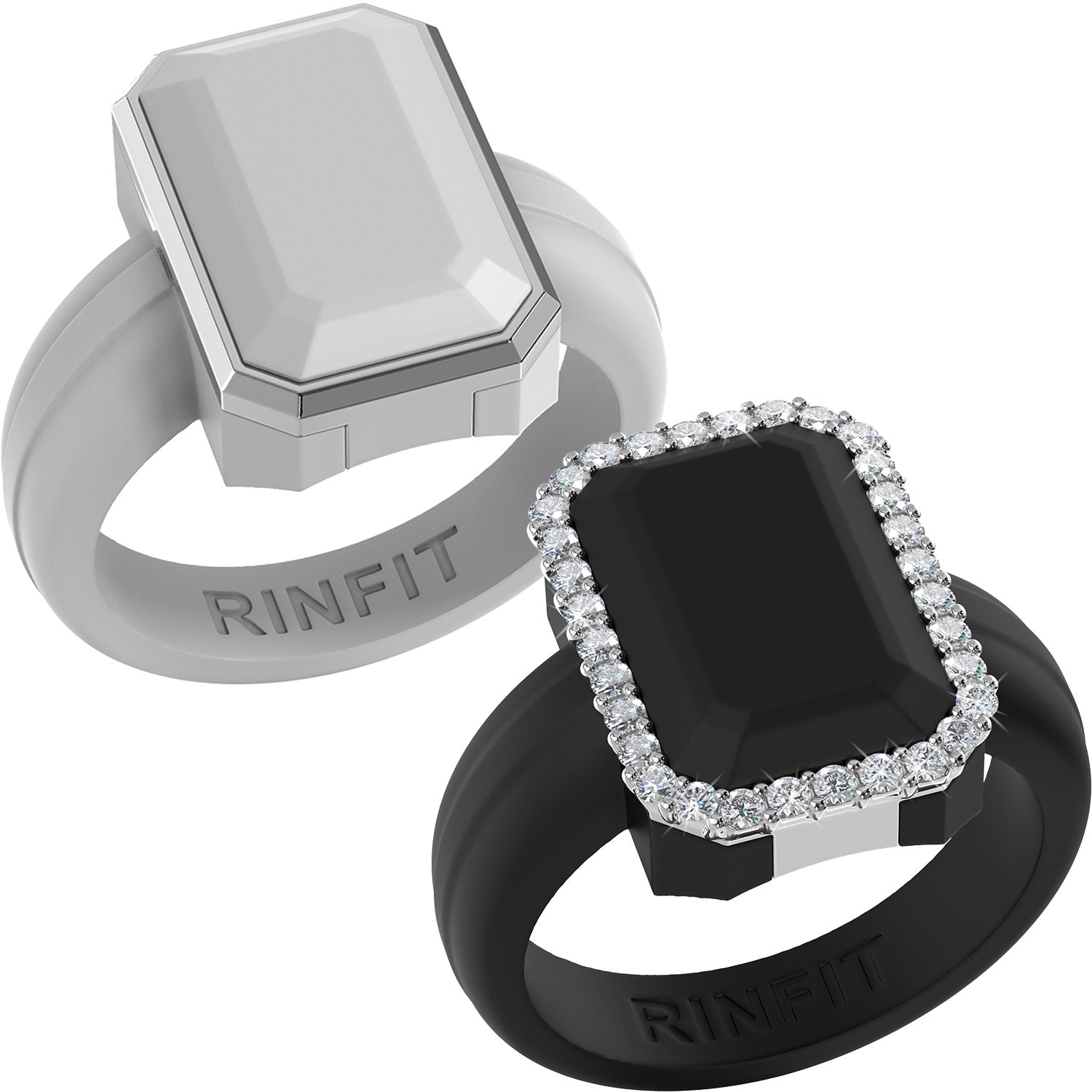 Emerald Silicone Rings with Metal Frame & CZ Stones - 2 Rings Set