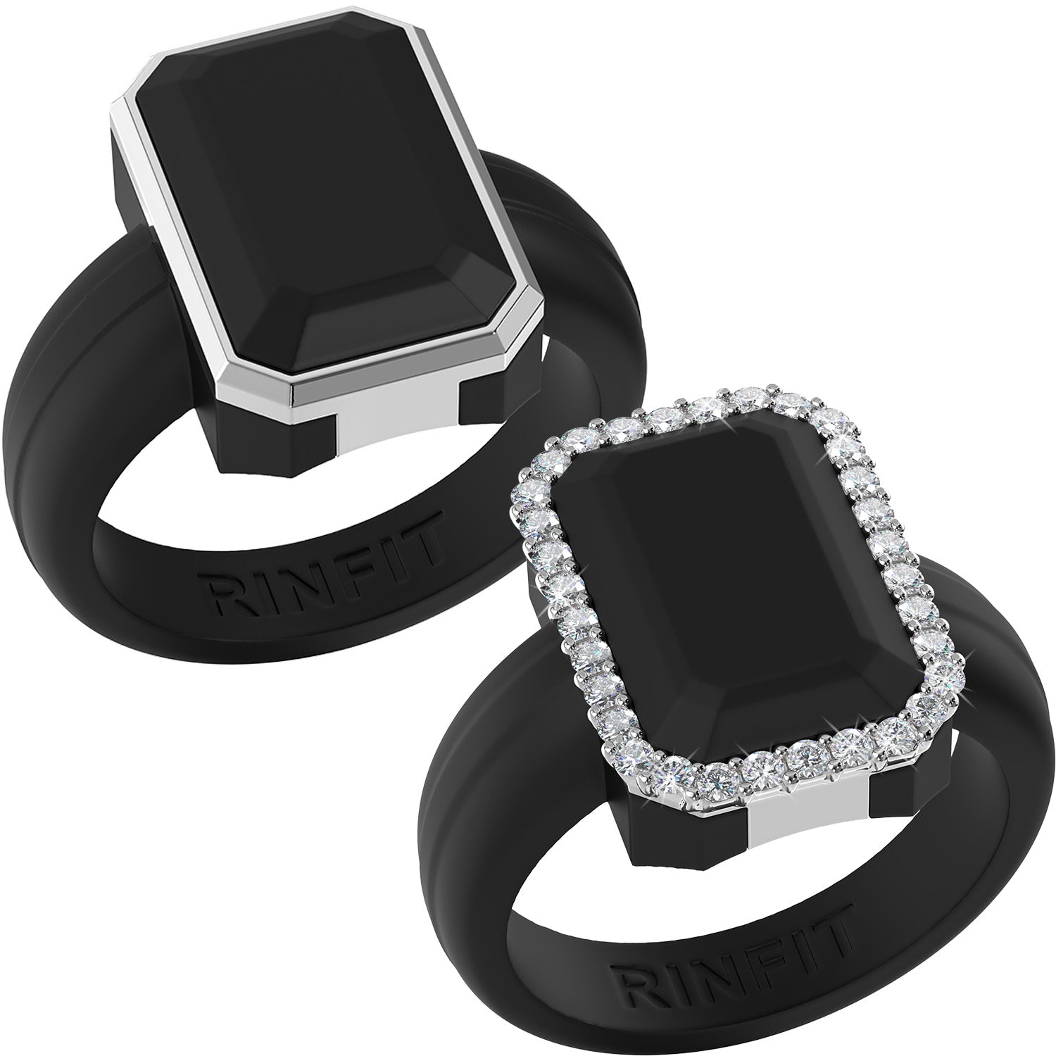Emerald Silicone Rings with Metal Frame & CZ Stones - 2 Rings Set