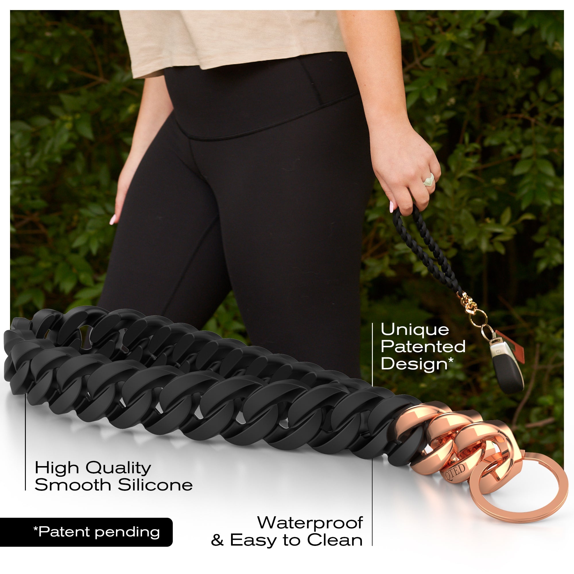 QTED x RINFIT Chain Wrist Lanyard for Keys - Keychain for Women and Men - Silicone Hand Loop Strap with Keyring. Pink and Rose Gold - Patented Design