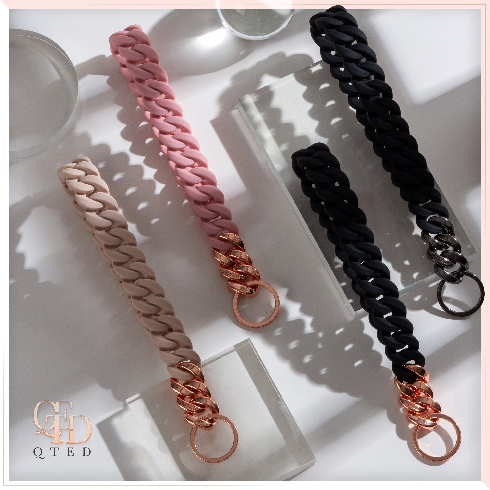 QTED x RINFIT Chain Wrist Lanyard for Keys - Keychain for Women and Men - Silicone Hand Loop Strap with Keyring. Pink and Rose Gold - Patented Design