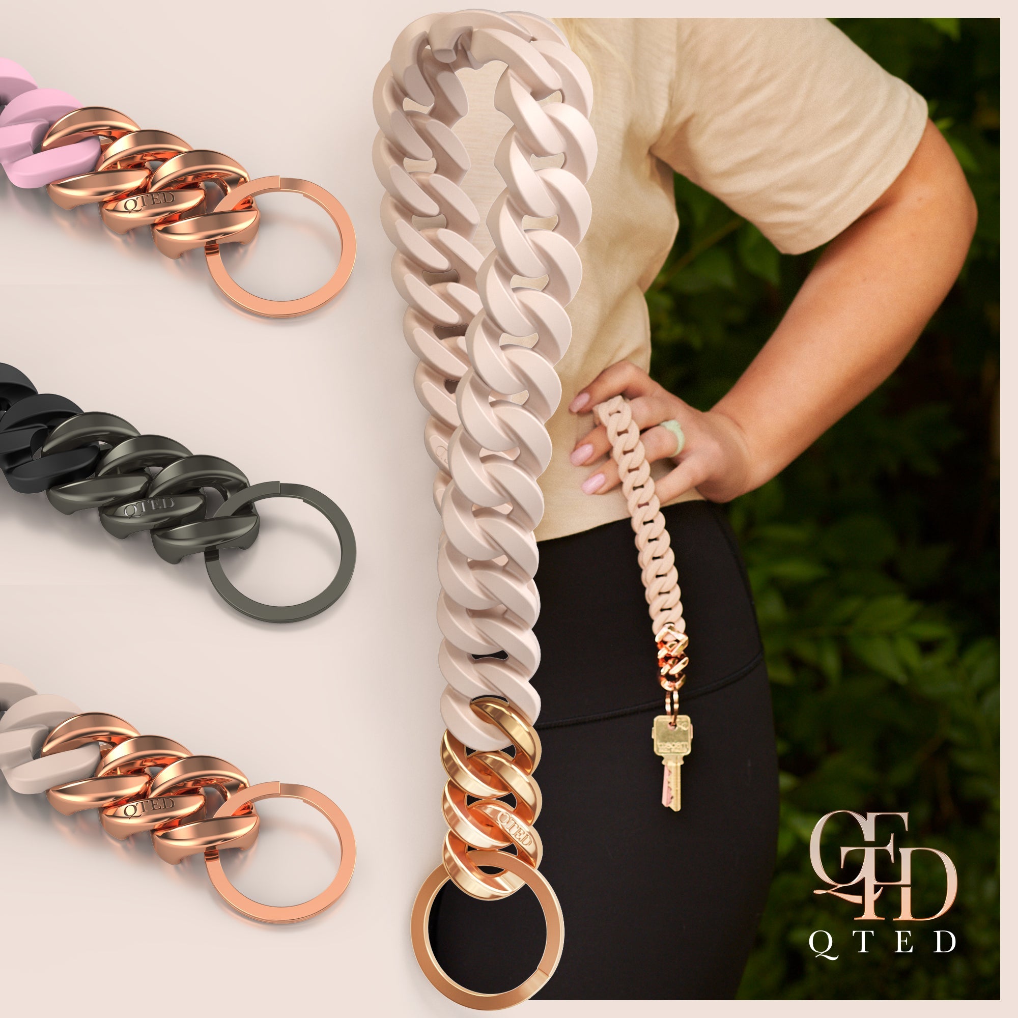 QTED x RINFIT Chain Wrist Lanyard for Keys - Keychain for Women and Men - Silicone Hand Loop Strap with Keyring. Black and Gunmetal Gray - Patented Design
