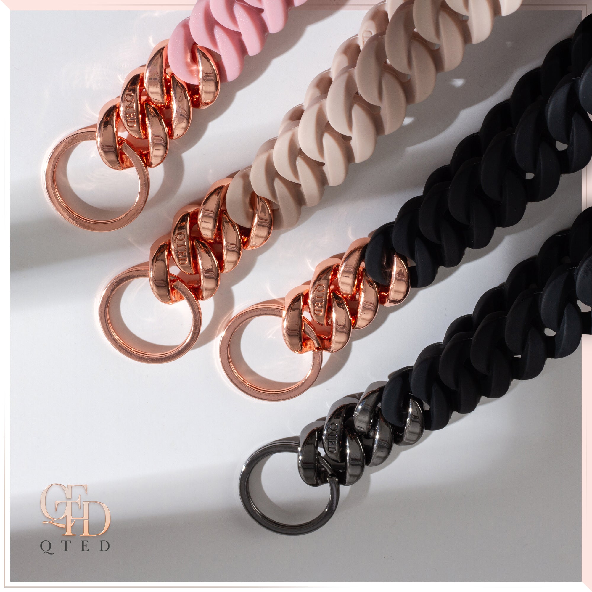 NEW! QTED x RINFIT Chain Wrist Lanyard for Keys - Keychain for Women and Men - Silicone Strap with Keyring.  Black and Gold - Patented Design