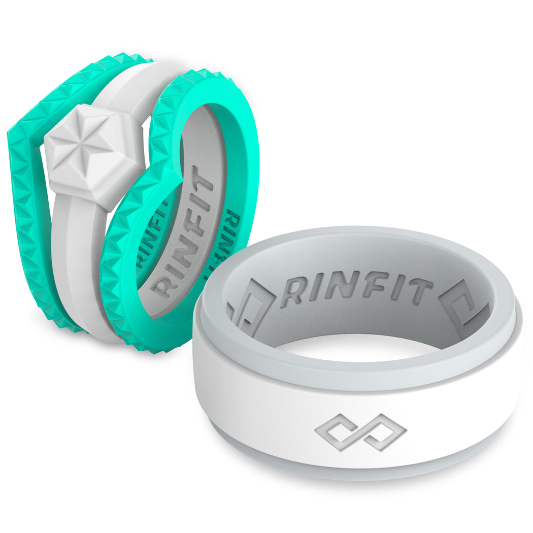 Matching Silicone wedding ring for couple white & turquoise